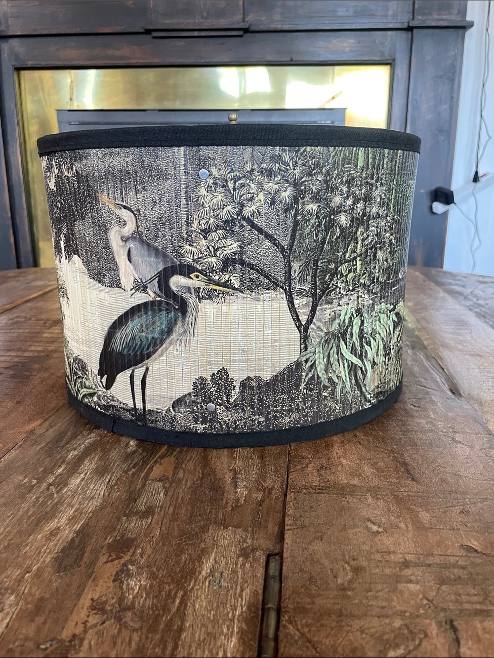 Heron-Print Drum Lampshade in Black and Green Accents